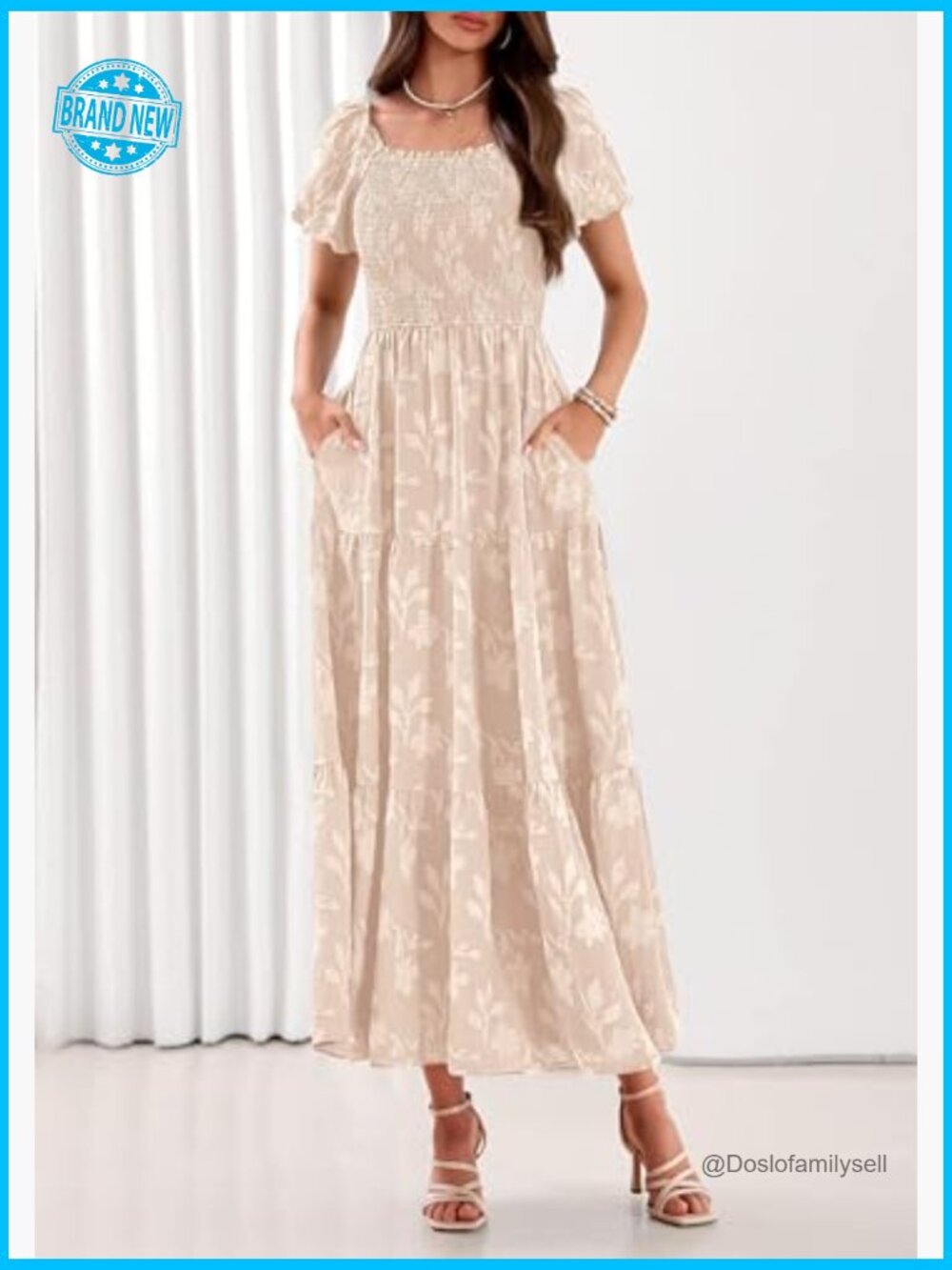 Boho Maxi Dress Floral Square Neck Smocked Bodice Flowy Tiered Summer - Picture 6 of 7